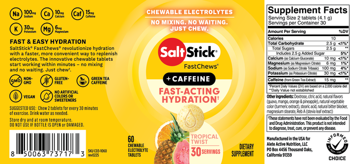 SaltStick FastChews + Caffeine 10ct Packets (Box of 12) Tropical Twist
