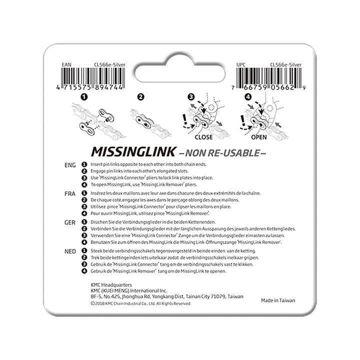 KMC MissingLink CL559R Connector - 9 Speed, Reusable, Silver, 2 Pairs/Card